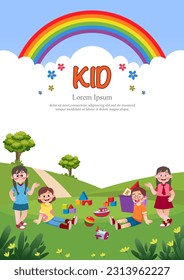 Cute children play outside. template for advertising brochures, ready for your text,  poster, background, website.Style of kids drawings.