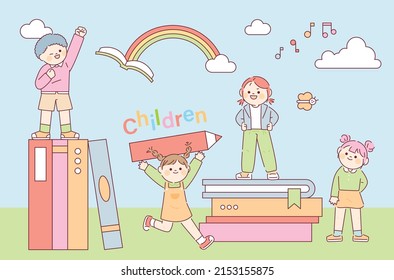 Cute children are playing around with books and pencils. Children education concept. flat design style vector illustration.	