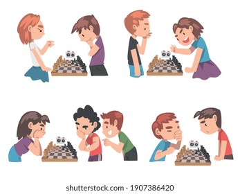 Cute Children Playing Chess Game Set, Boys and Girls Competing in Tournament, Leisure Activity, Logic Game for Brain Development Concept Cartoon Style Vector Illustration