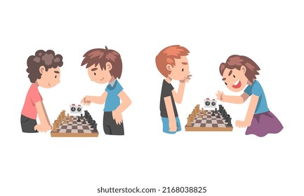 Cute children playing chess together set. Kids playing board logic game, competing in tournament cartoon vector illustration
