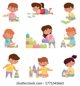 Cute Children Playing With Different Toys And Games Vector Illustrations Set