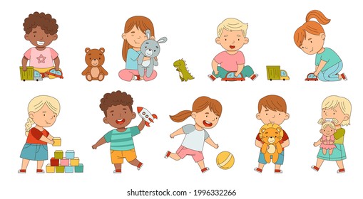 Cute Children Playing With Different Toys Having Fun On Their Own Enjoying Childhood Vector Set