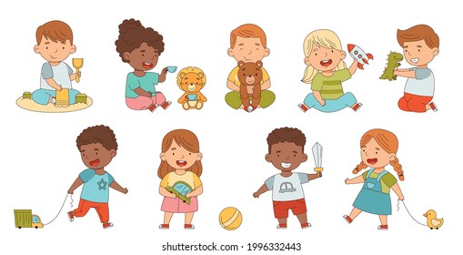 Cute Children Playing With Different Toys Having Fun On Their Own Enjoying Childhood Vector Set