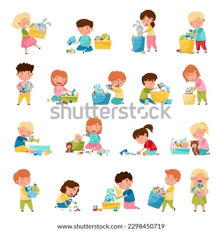 Cute Children Playing With Different Toys Having Fun On Their Own Enjoying Childhood Big Vector Set