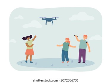 Cute children playing with flying drone together. Boy controlling toy with remote flat vector illustration. Childhood, technology, leisure concept for banner, website design or landing web page