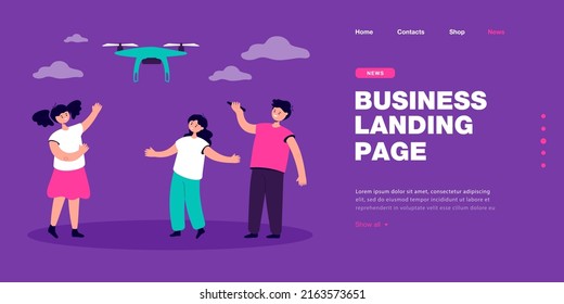 Cute children playing with flying drone together. Boy controlling toy with remote flat vector illustration. Childhood, technology, leisure concept for banner, website design or landing web page