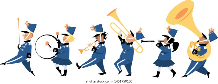 Cute children playing instruments in a marching band parade, EPS 8 vector illustration