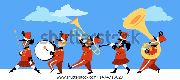 マーチングバンドパレードで楽器を演奏するかわいい子ども Eps 8ベクターイラスト のベクター画像素材 ロイヤリティフリー