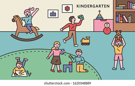 Cute children are playing in kindergarten. flat design style minimal vector illustration.