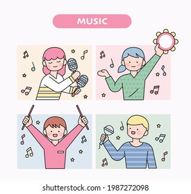 Cute children playing musical instruments and having fun. flat design style minimal vector illustration.