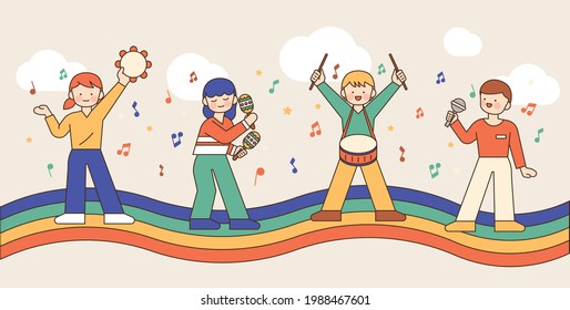 Cute children are playing musical instruments on the rainbow. outline simple vector illustration.