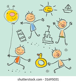 Cute children playing on the beach isolated. Kids drawing style vector illustration