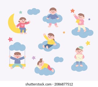 Cute children are playing on the clouds. flat design style vector illustration.