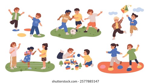 Cute children playing outdoor. Kids group games. Hopscotch and rubber bands. Active boys and girls running together with kite. Little friends. Toy blocks and train