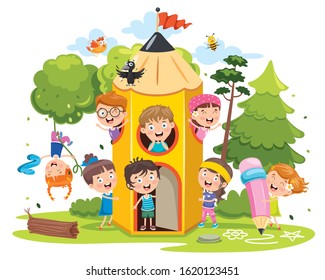 Cute Children Playing At Pencil House