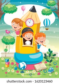 Cute Children Playing At Pencil House