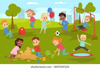 Cute Children Playing in Playground on Nature Landscape, Happy Kids Playing in Sandpit, Playing Soccer, Jumping on Trampoline Vector Illustration