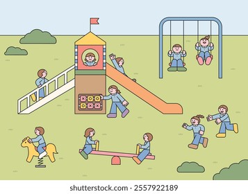 Cute children are playing at the playground. Slides, swings, seesaws, etc. Cuttiny character with outline.