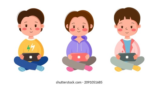 Cute children playing in a portable handheld console while sitting on the floor. Boy and girl set play video game on a pocket console. Asian cartoon style of gamers. Isolated vector illustration.