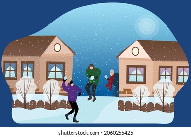 Cute children are playing snowballs near the house, there is a lot of snow. Vector illustration in a flat style