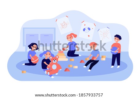 Cute children playing with toy cubes, balls and teddy bear in kindergarten. Vector illustration for childhood, daycare, preschoolers concept