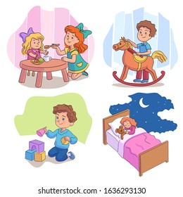 Cute children playing with toys cartoon scene set. Girls feeding doll, sleeping with teddy bear in bed at night. Boys combing horse mane, building castle with blocks. Vector flat illustration