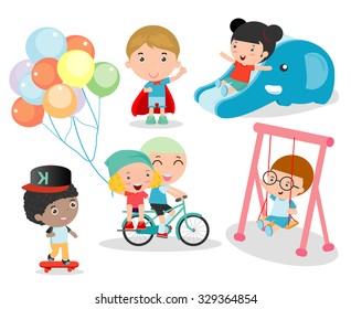 cute children playing with toys in playground, children in the park,  happy cartoon kids playing, kids time isolated on white background, Vector Illustration.