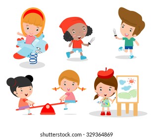 cute children playing with toys in playground, children in the park,  kids time isolated on white background, Vector Illustration.