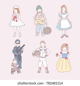 Cute children playing various costumes. hand drawn style vector doodle design illustrations.
