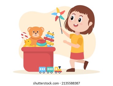 Cute Children Playing with Various Toy at Kindergarten in Flat Cartoon Style Illustration. Interior of Playroom for fun and Gaming