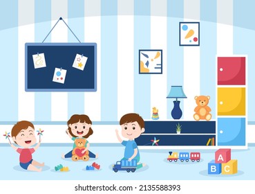 Cute Children Playing with Various Toy at Kindergarten in Flat Cartoon Style Illustration. Interior of Playroom for fun and Gaming