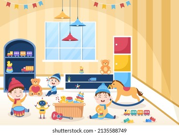 Cute Children Playing with Various Toy at Kindergarten in Flat Cartoon Style Illustration. Interior of Playroom for fun and Gaming