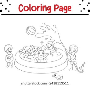cute children playing water park coloring page for kids
