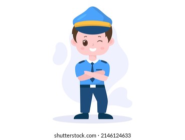 Cute Children Police Officer Character Vector Illustration Using Uniform with Set Equipment in Flat Cartoon Style