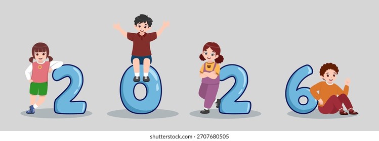 Niños lindos posando con grandes números de 2026. Perfecto para el año Nuevo, temas de vacaciones y proyectos de ilustración para niños.