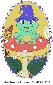 Cute children poster illustration of a green frog magician in a purple cap sits on a red agaric in a magical forest among herbs, flowers, stars and the moon on a yellow background.