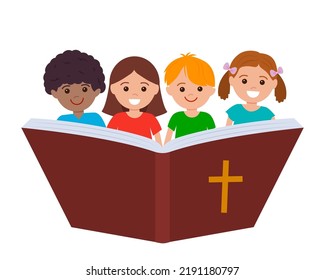 cute children read the bible. Sunday school concept. vector illustration isolated on white background