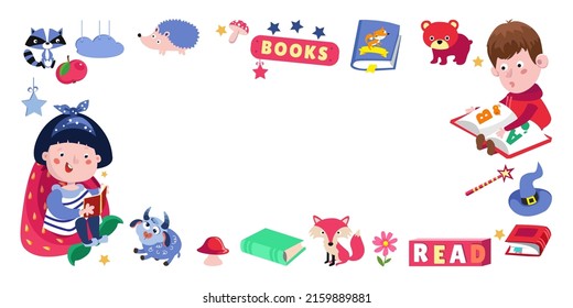 Cute children read books. Horizontal banner template for design. Colored vector rectangular frame. Cartoon girl and boy with toys.