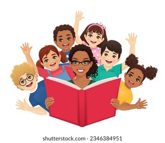 Cute children reading big story book with female African American teacher isolated vector illustration