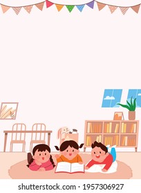 Cute children reading book at home. Children book festival or childrens day event concept vector background illustration.