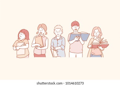 Cute children are reading a book together. hand drawn style vector doodle design illustrations.