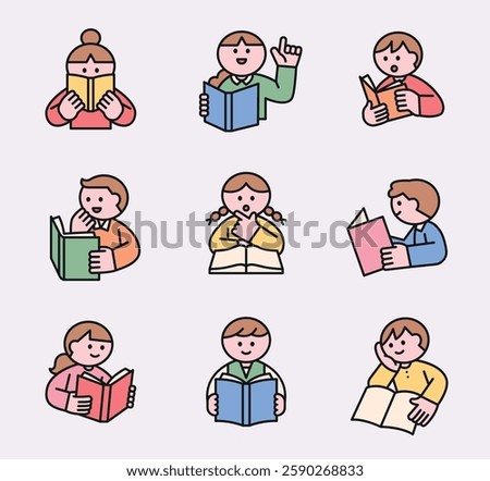 Cute children reading books with different expressions and emotions. Flat vector illustration of kids studying, learning, and enjoying reading time.