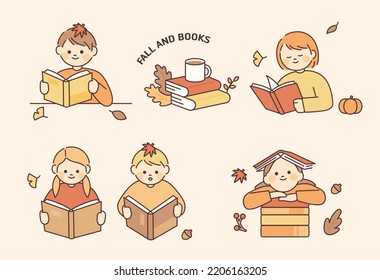 Cute children are reading books. Fallen leaves are decorated around it. flat design style vector illustration.