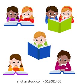 cute children reading books.  Icon for education. Vector illustration, isolated on white background