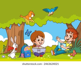 cute children reading books in the park.education concept vector illustration