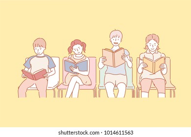 cute children reading books together in chairs. hand drawn style vector doodle design illustrations.