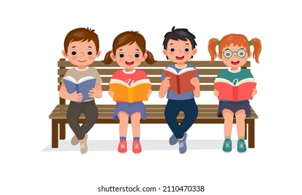 cute children reading books together sitting on bench