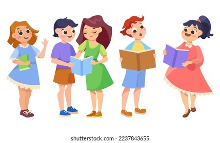 Cute children reading books vector illustrations set. Cartoon drawings of girls and boys with textbooks or novels isolated on white background. Education, childhood, literature concept