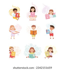 Cute Children Reading Open Books and Dreaming Vector Set