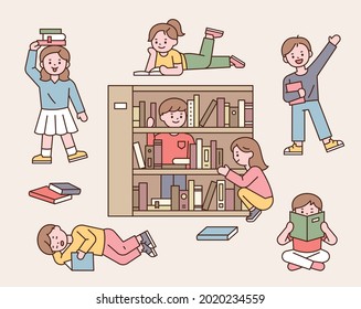 Cute children are reading or playing around bookshelves. outline simple vector illustration.